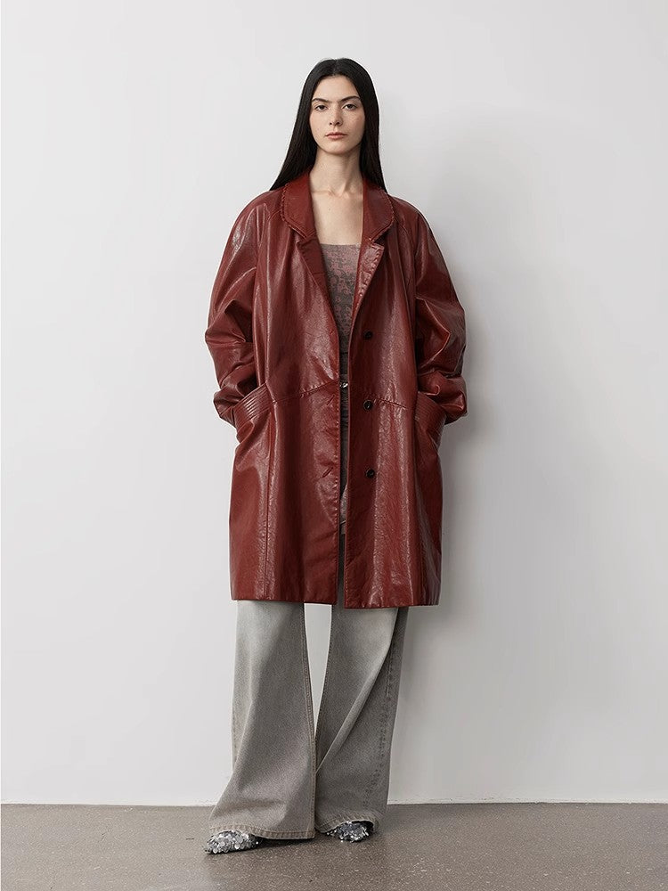 Trench lungo in pelle di capra cerata e oliata 