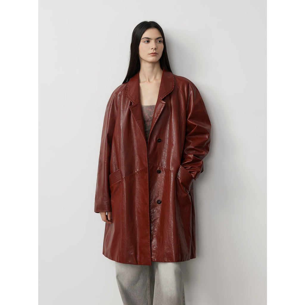 Trench lungo in pelle di capra cerata e oliata 