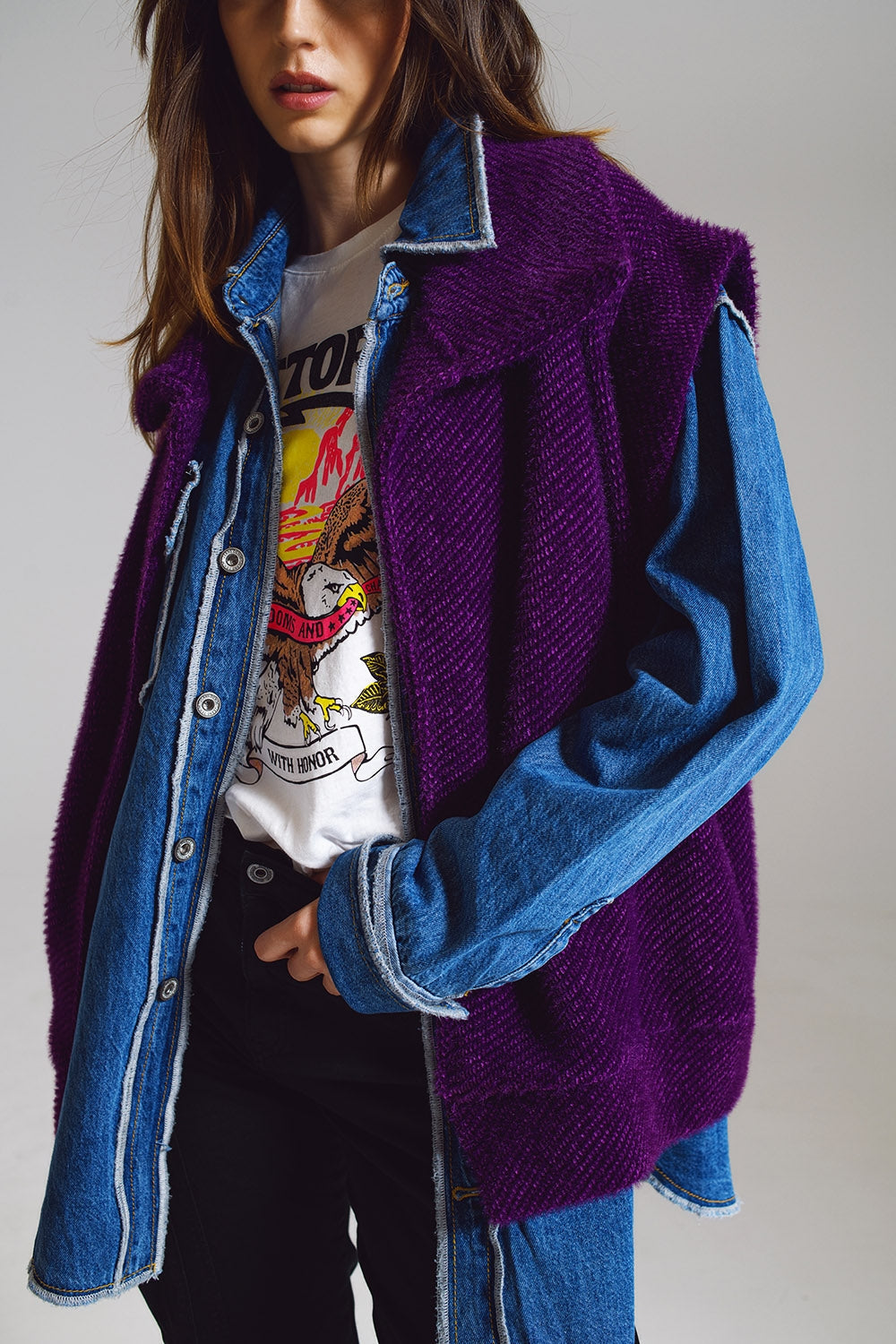 Gilet aperto a spina di pesce con colletto stile scialle in viola