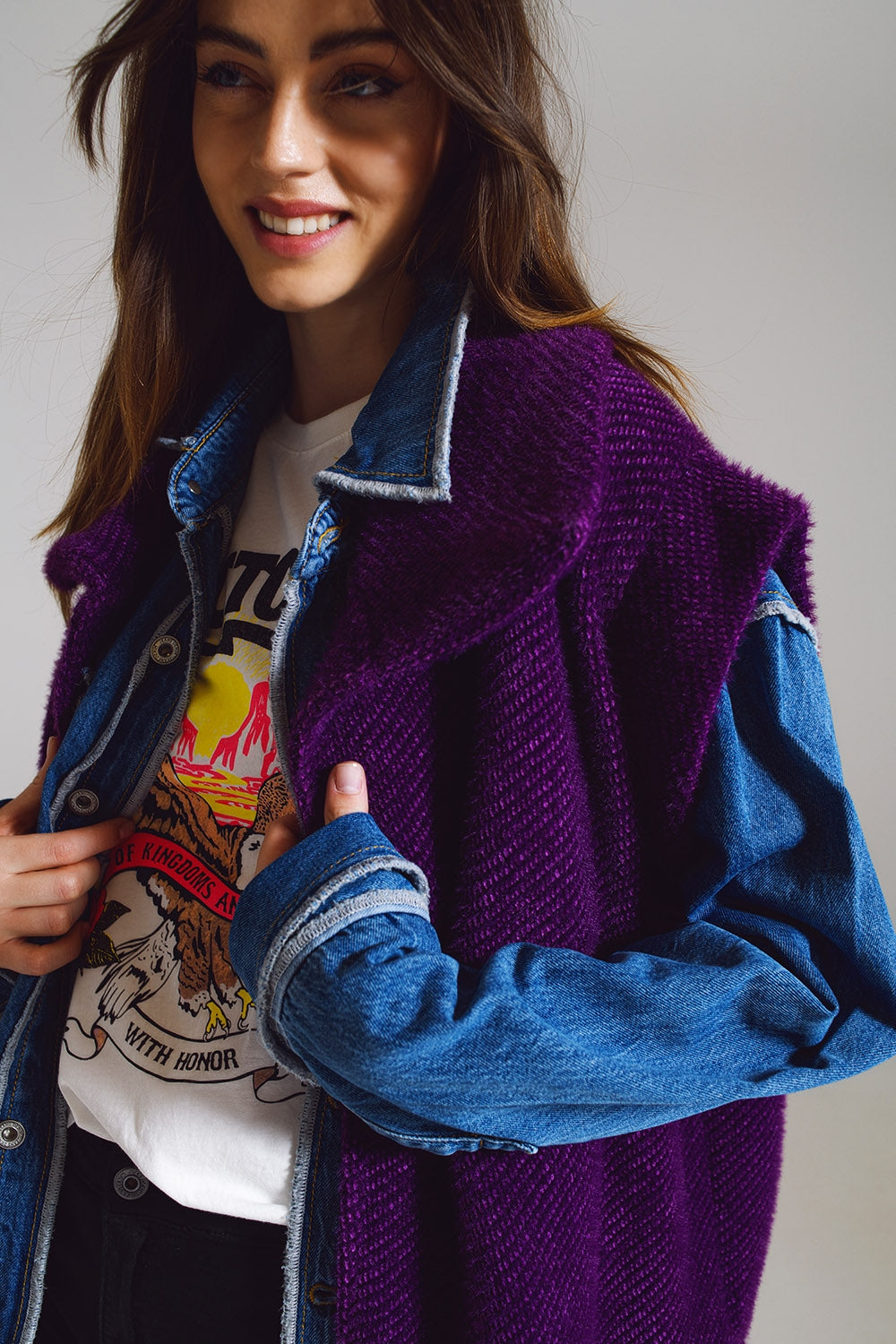 Gilet aperto a spina di pesce con colletto stile scialle in viola