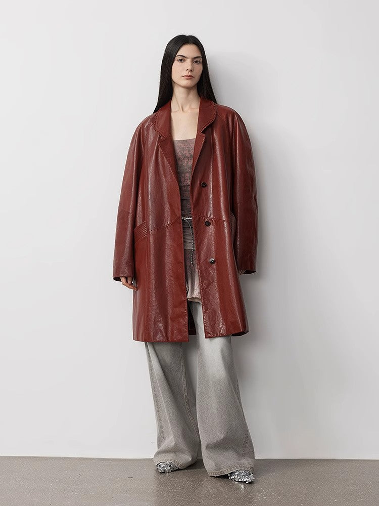 Trench lungo in pelle di capra cerata e oliata 