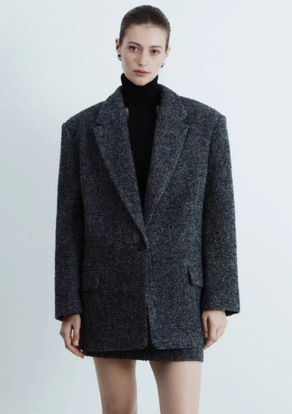 Wool jacket and high-waisted skirt ensemble