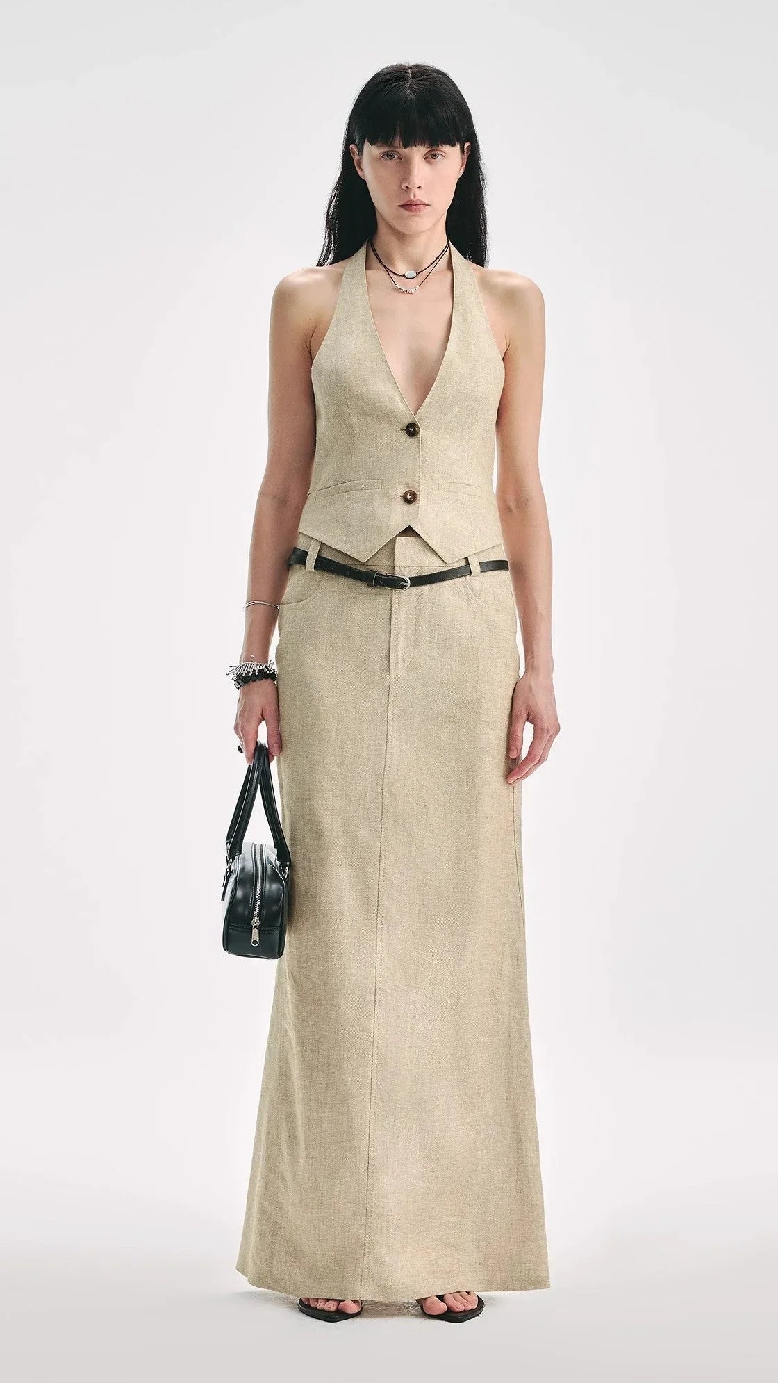 Linen V-neck vest and fishtail skirt set