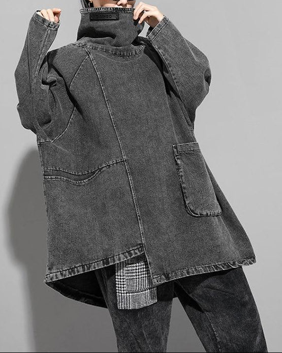 Felpa in denim larga con collo alto