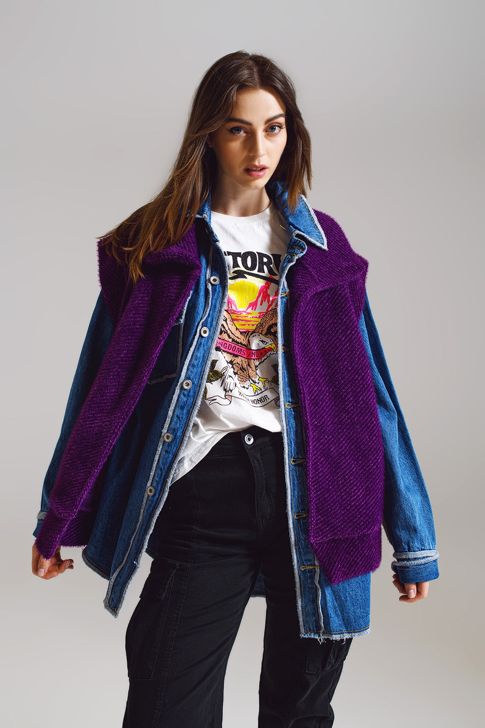 Gilet aperto a spina di pesce con colletto stile scialle in viola