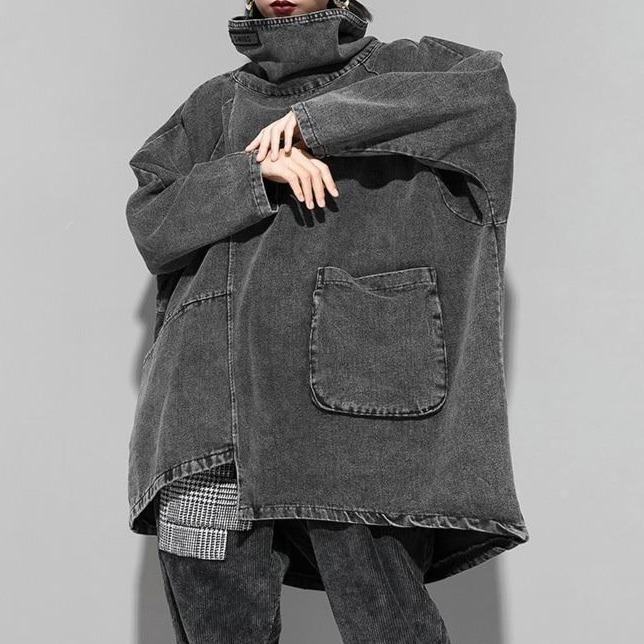 Felpa in denim larga con collo alto