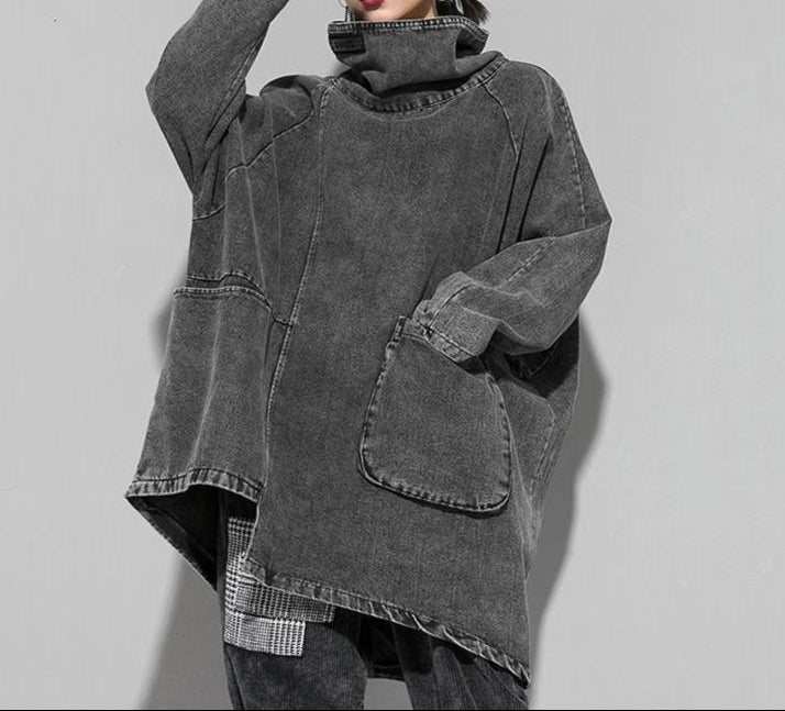 Felpa in denim larga con collo alto